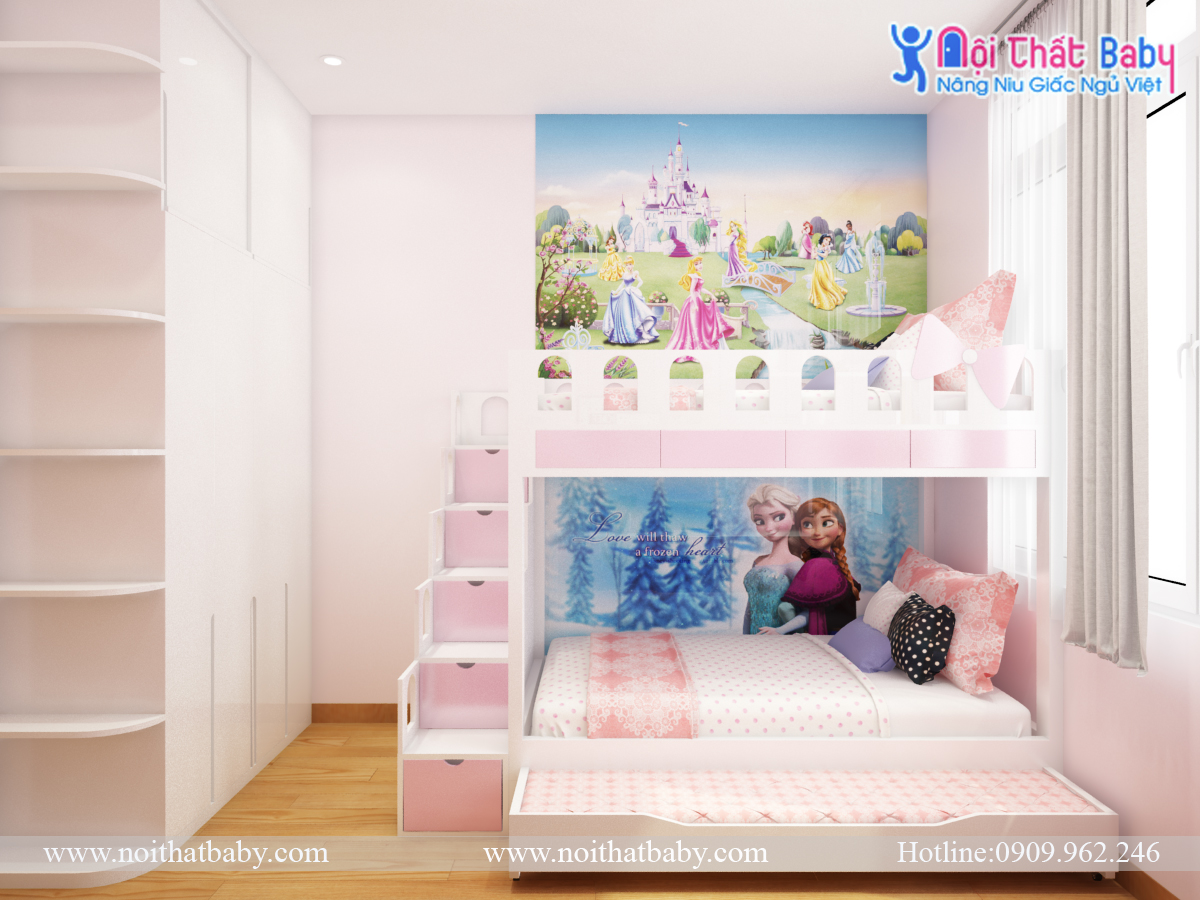 Giường tầng công chúa Elsa màu hồng